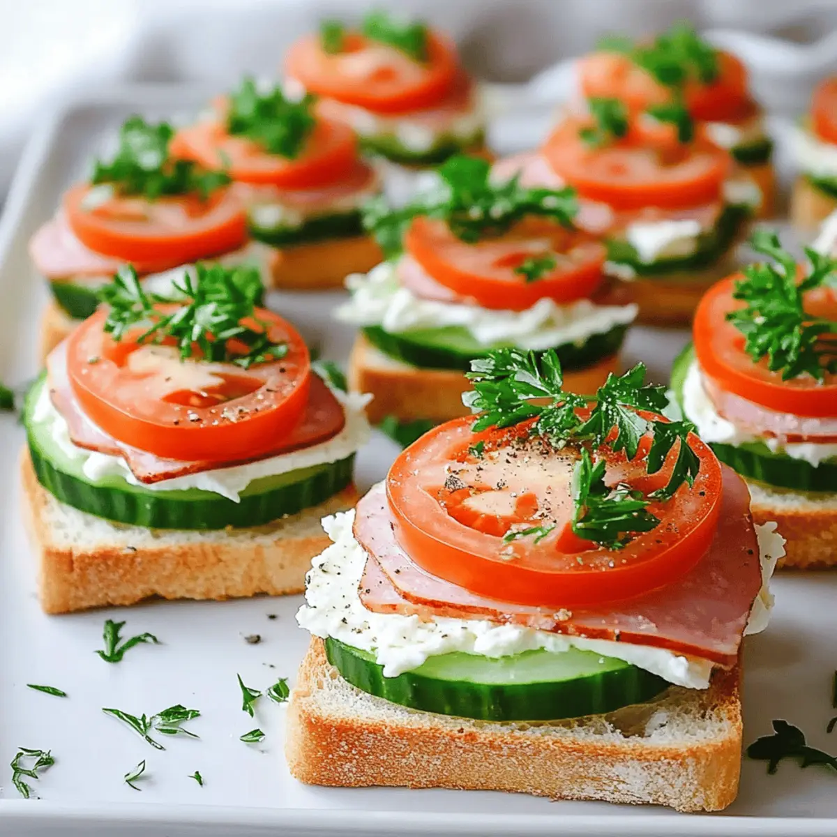 Mini Open-Faced Sandwiches with Bologna, Tomato, Cucumber, and Mozzarella
