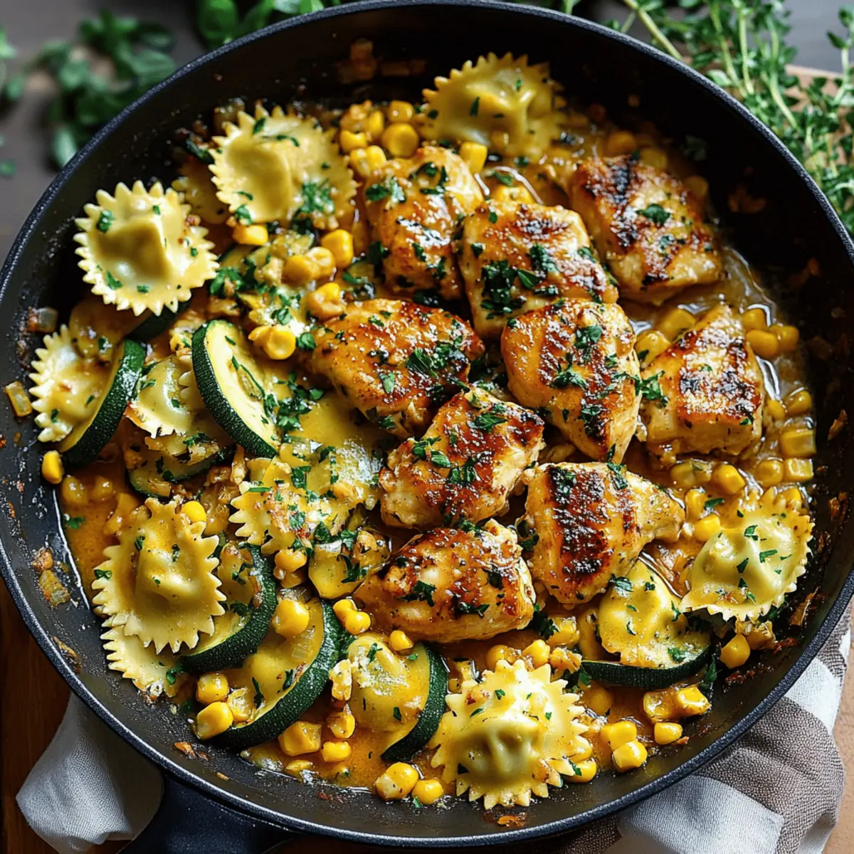 Garlic Butter Chicken with Zucchini, Corn, and Ravioli