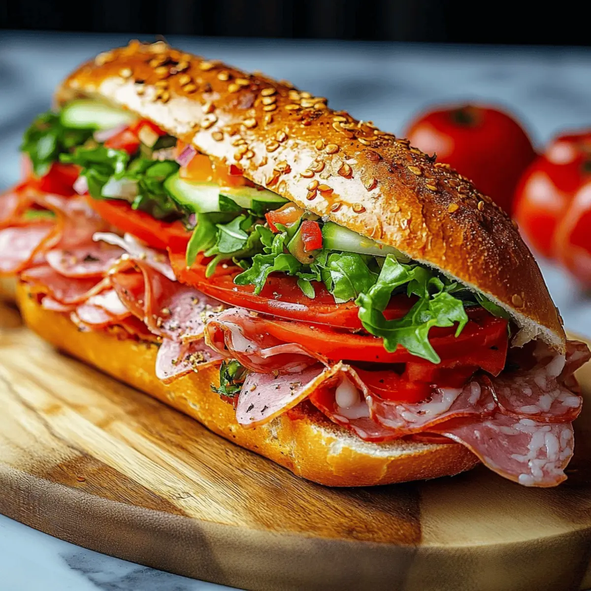 Italian Sub Sandwich with Deli Meats, Cheese, and Fresh Veggies