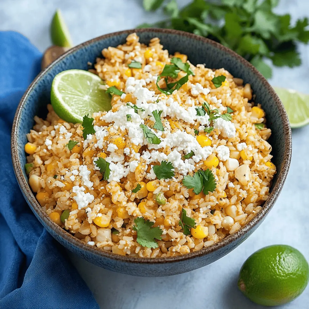 Mexican Corn Rice Bowl with Elote Cream and Cotija