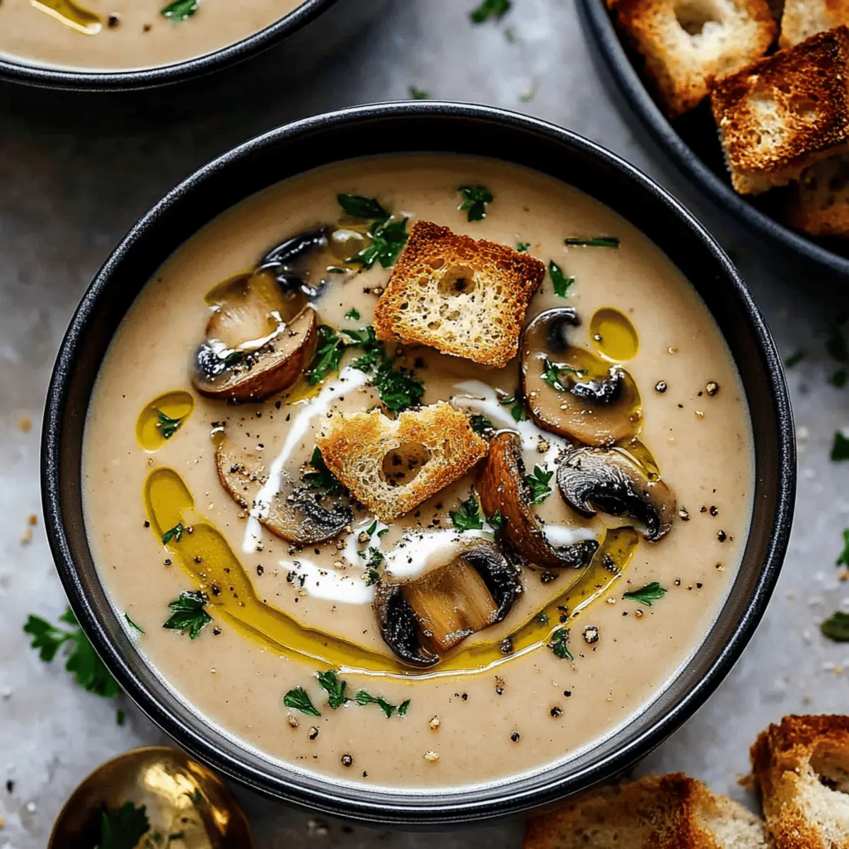 Creamy Mushroom Soup with Crispy Croutons and Fresh Herbs