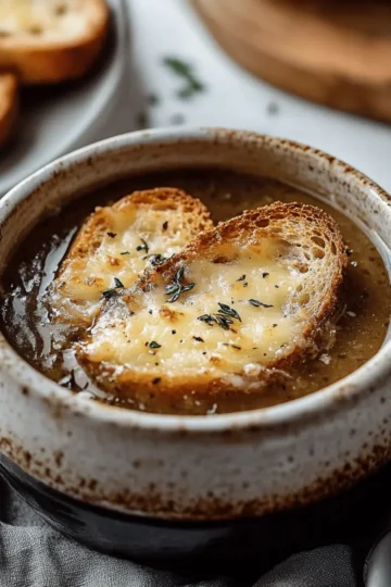 French Onion Soup with Gruyère Cheese and Baguette Toast