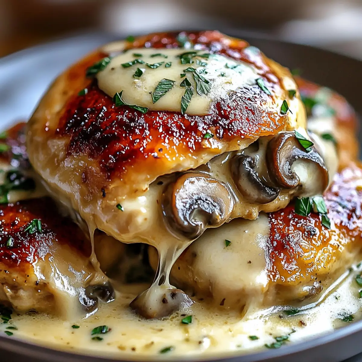 Garlic Butter Mushroom Stuffed Chicken with Creamy Parmesan Sauce