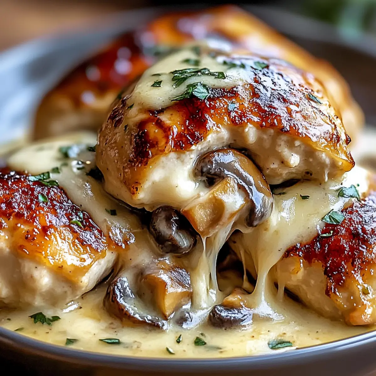 Garlic Butter Mushroom Stuffed Chicken with Creamy Parmesan Sauce
