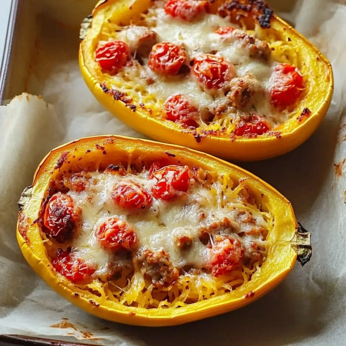 Baked Boursin Spaghetti Squash with Cherry Tomatoes and Sausage