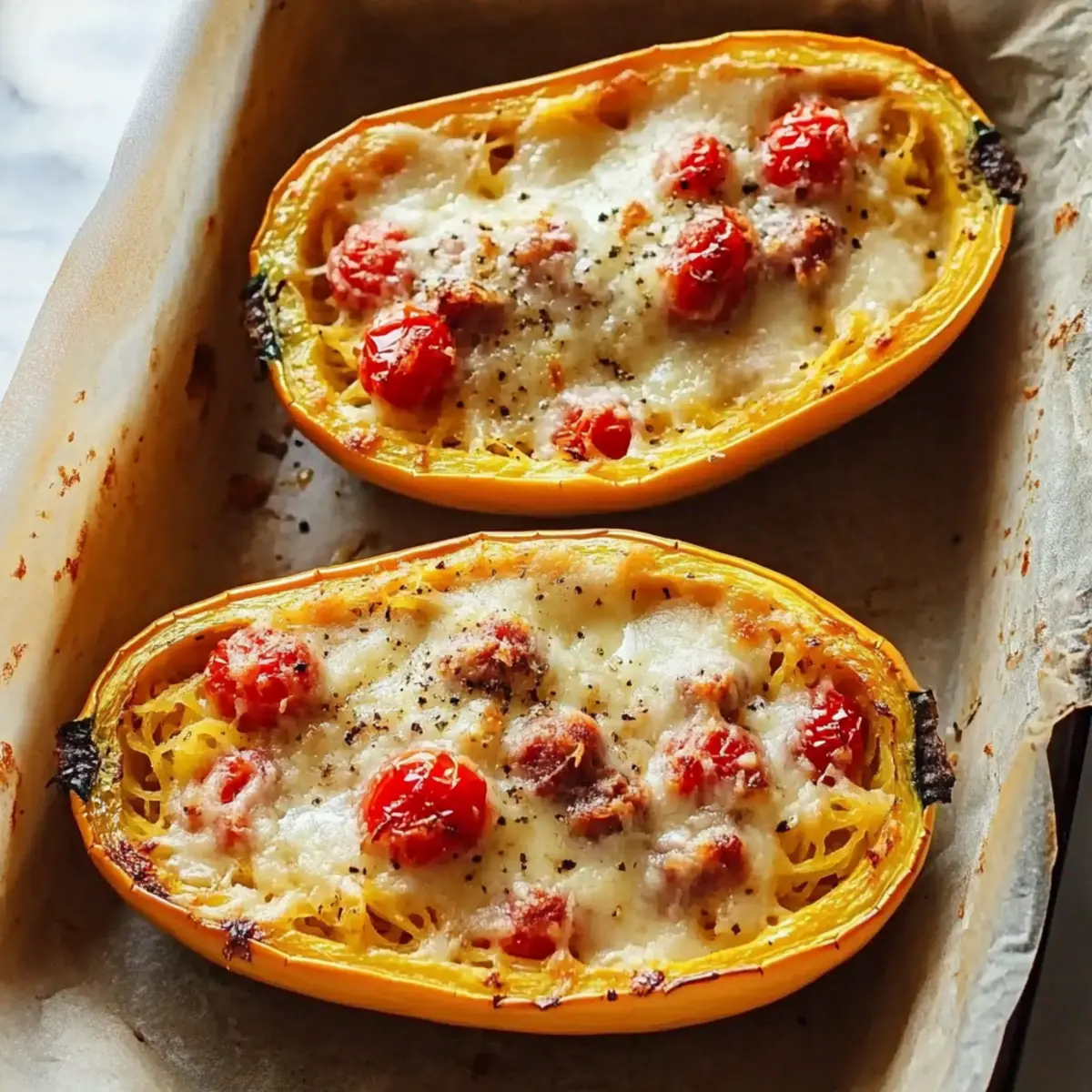 Baked Boursin Spaghetti Squash with Cherry Tomatoes and Sausage