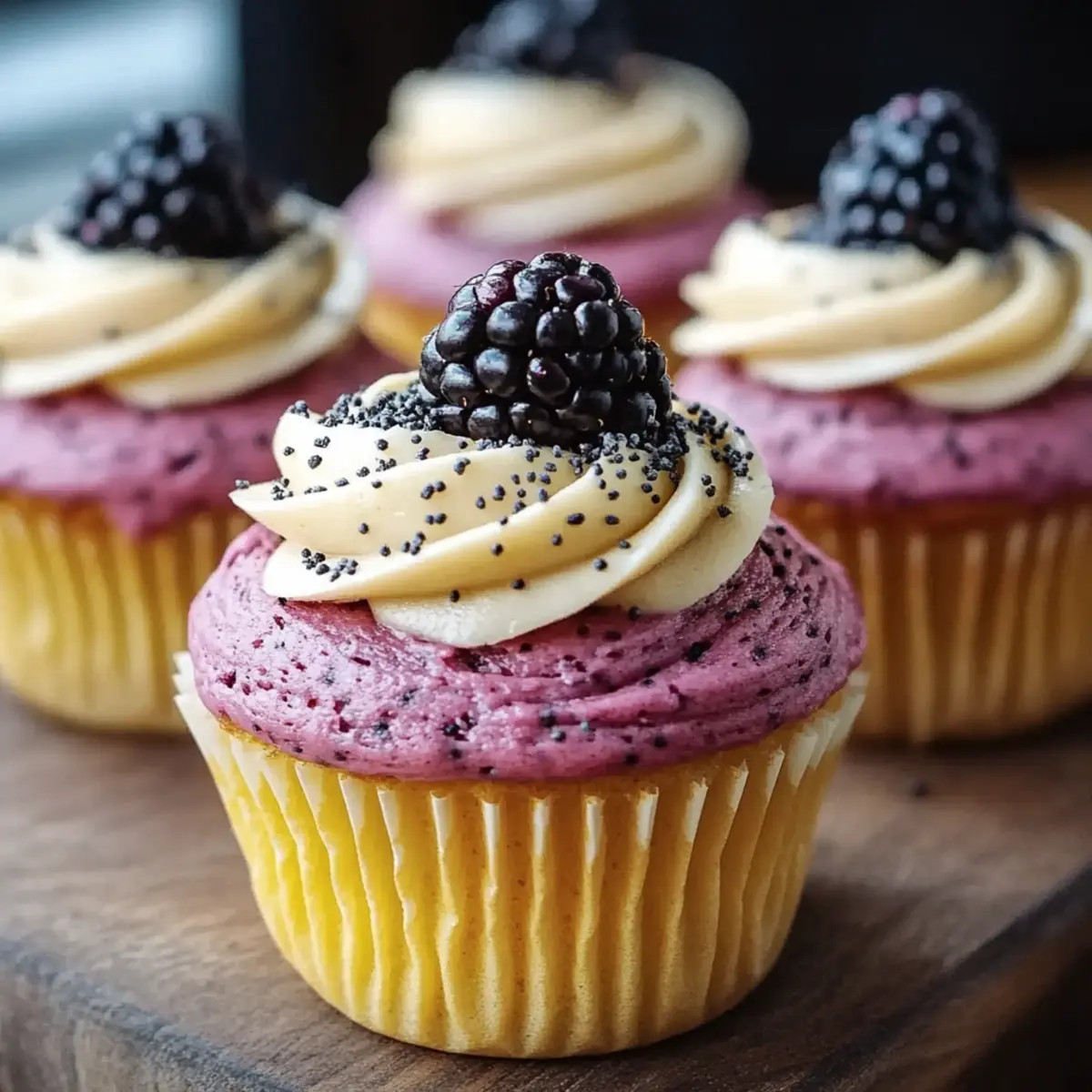 Lemon Poppy Seed Cupcakes With Blackberry Frosting
