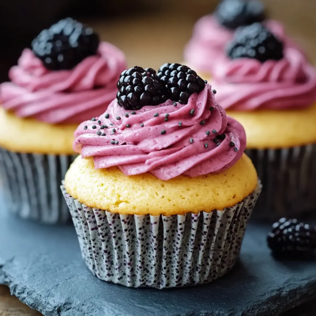 Lemon Poppy Seed Cupcakes With Blackberry Frosting