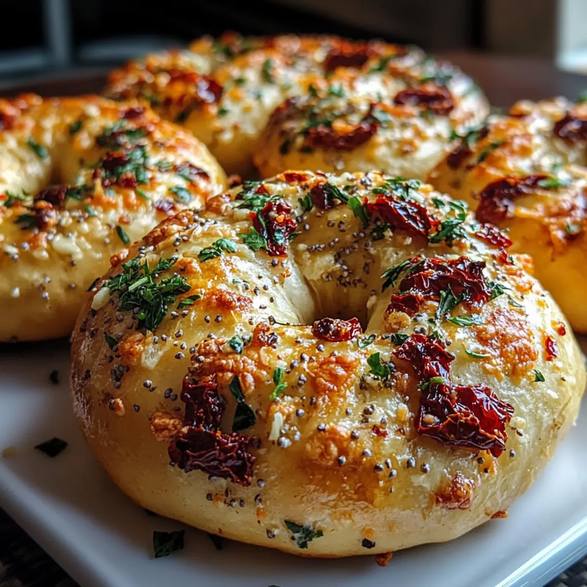Sourdough Sun Dried Tomato Bagels with Herbs and Cheese